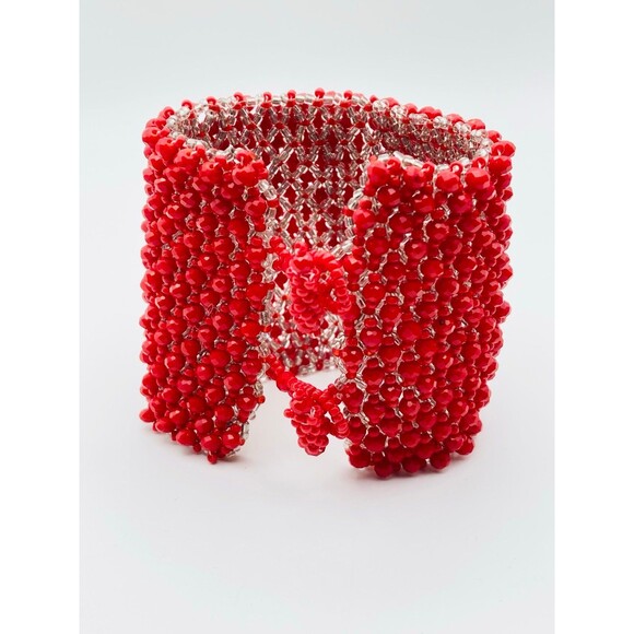 Artisan handcrafted red crystal beaded wide bracelet - Picture 1 of 6